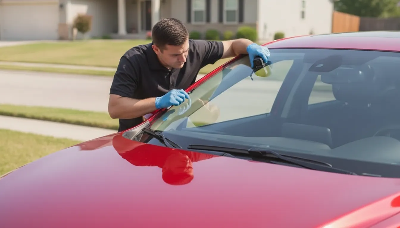 Auto glass technician inspecting a windshield camera area for lane keep assist