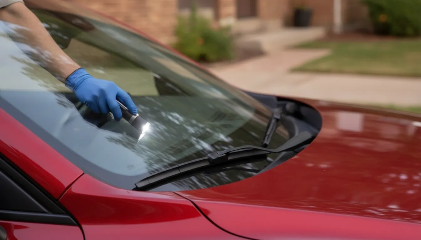 A gloved technician inspects a red car windshield with a flashlight in a residential driveway