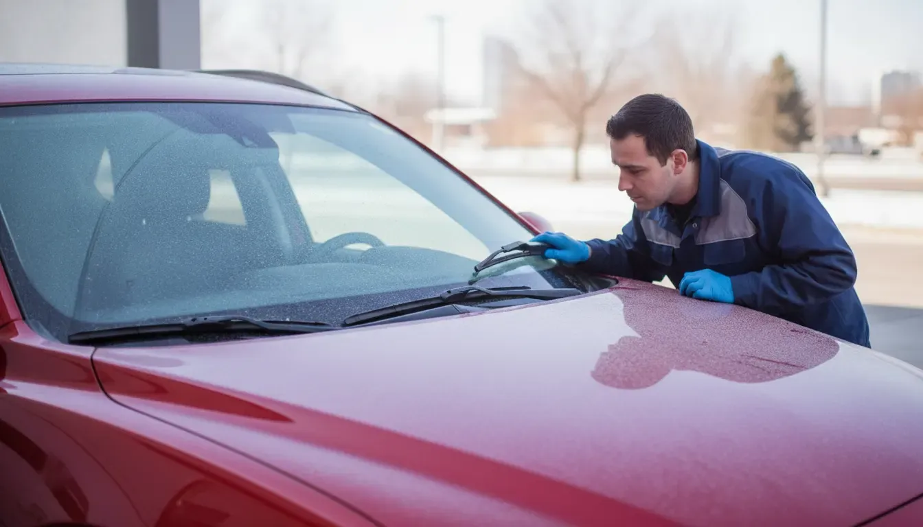 Auto glass technician inspecting a winter windshield and wiper park area