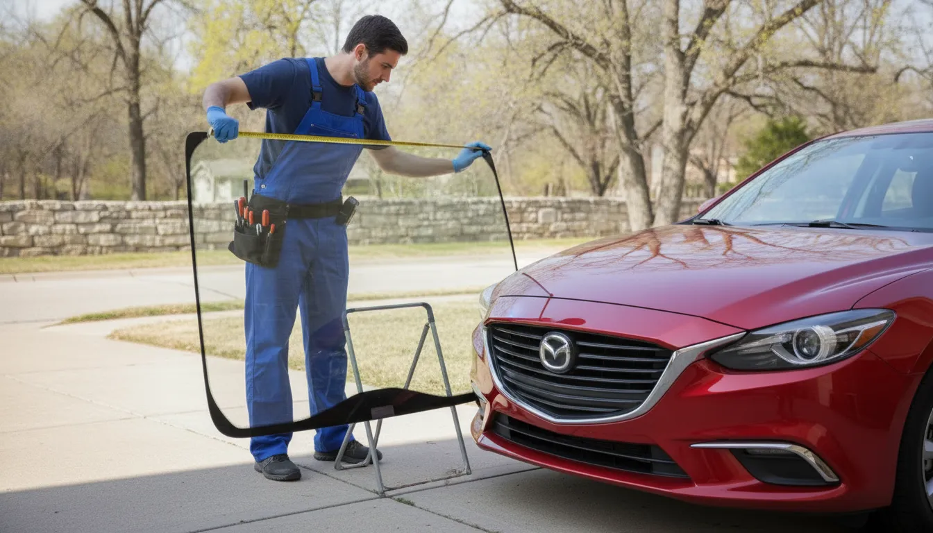Technician preparing a vehicle for a windshield replacement quote