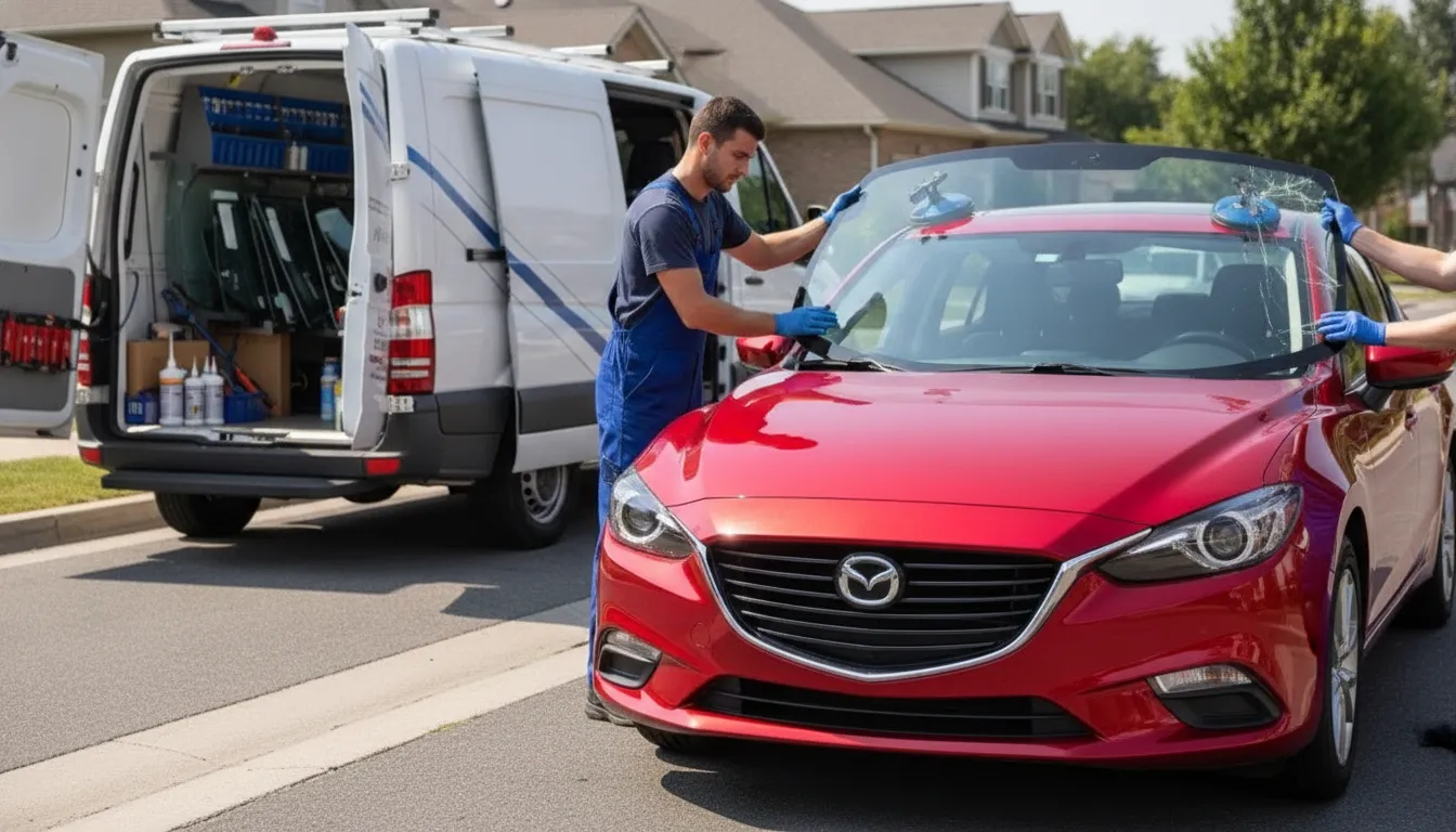 A mobile auto glass service van parked on a residential street with a technician holding a new windshield panel