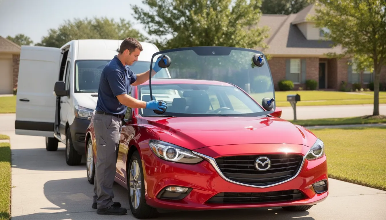 Auto glass technician installing a replacement windshield on a sedan in a driveway