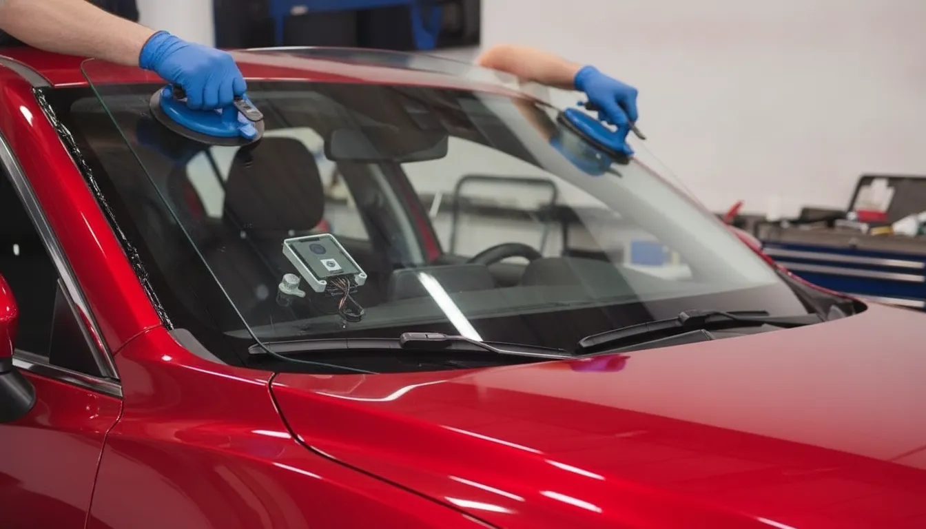 A technician fitting a new windshield into a modern car equipped with a camera sensor near the rearview mirror