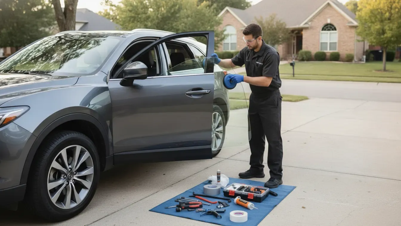 Technician performing mobile car window replacement service on an SUV in a Kansas City driveway