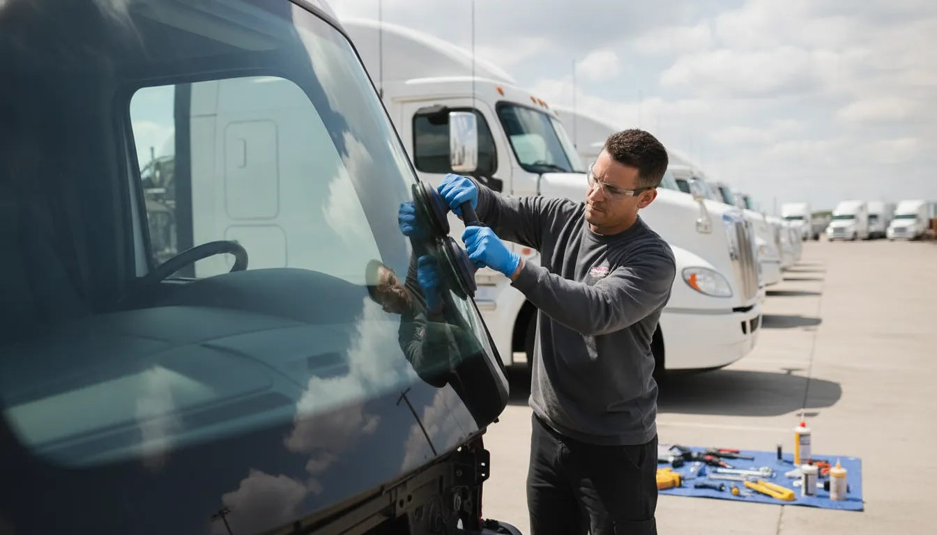 Mobile technician preparing a semi truck windshield replacement at a fleet yard