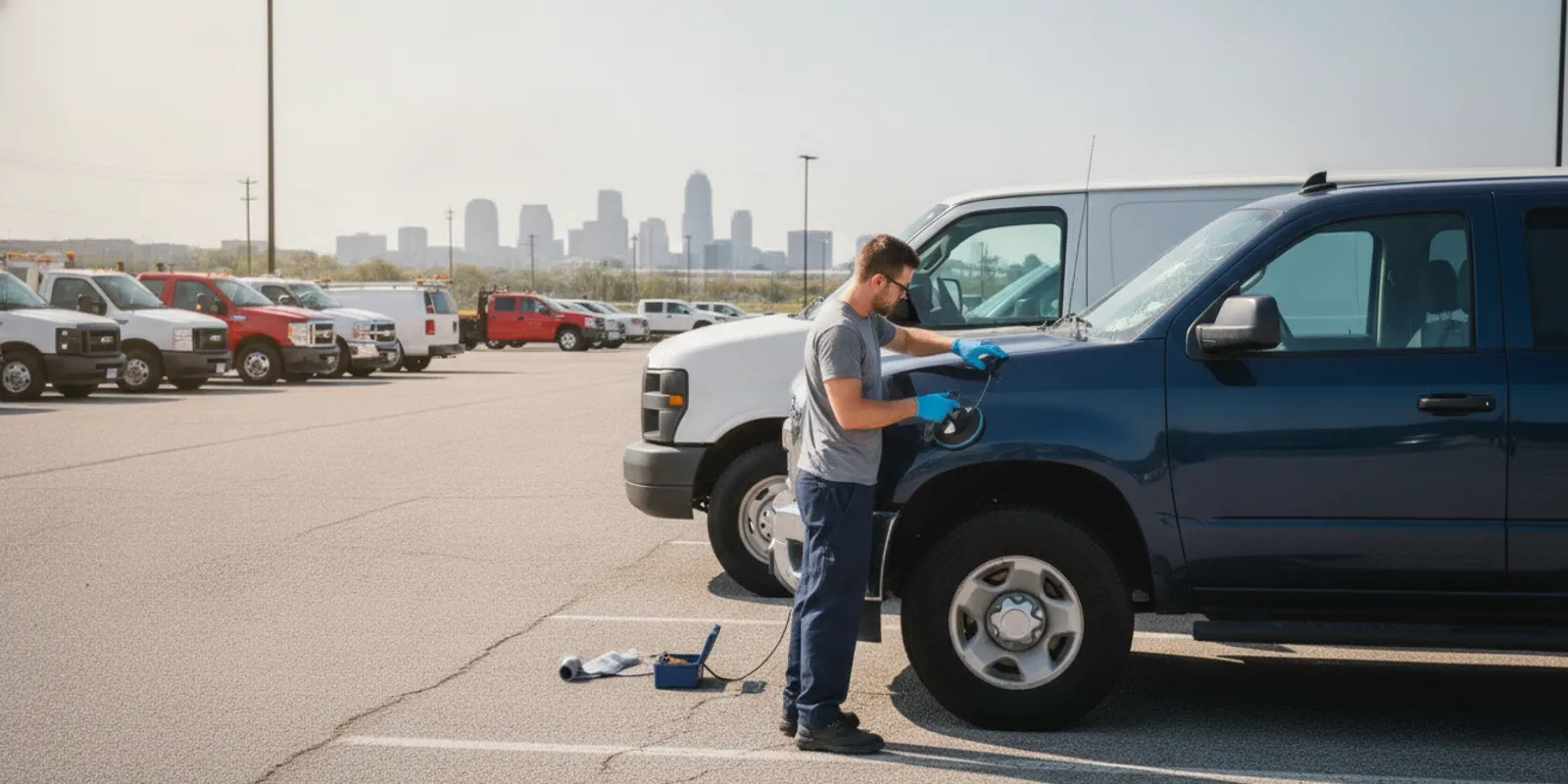 A mobile auto glass technician preparing to service a work truck at a fleet lot