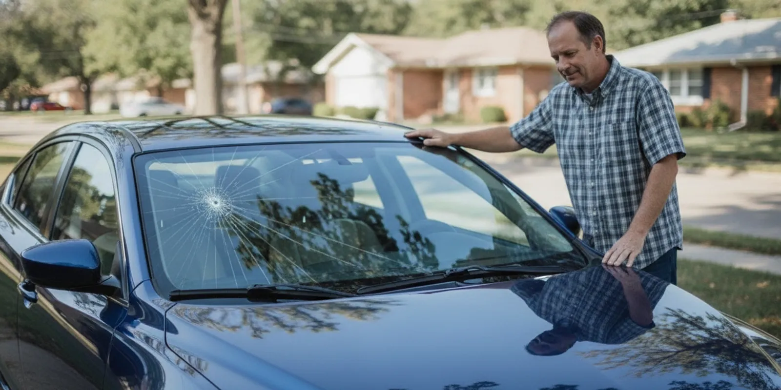 Driver inspecting a cracked windshield before contacting an insurer