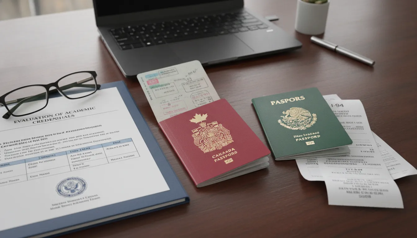 Canadian and Mexican passports beside US border entry forms and a credential evaluation report on a professional desk