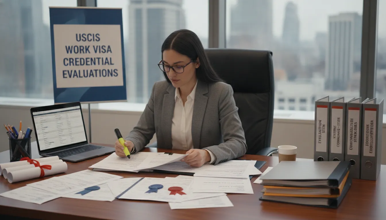 Professional reviewing international university transcripts and diploma documents at a desk for US visa application