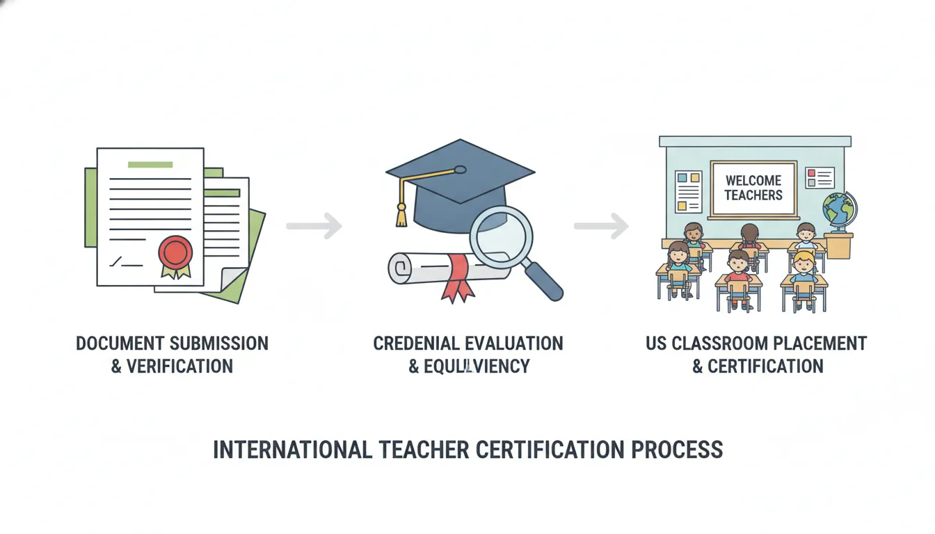 Credential evaluation process for international teacher certification showing document review, degree comparison, and US classroom placement