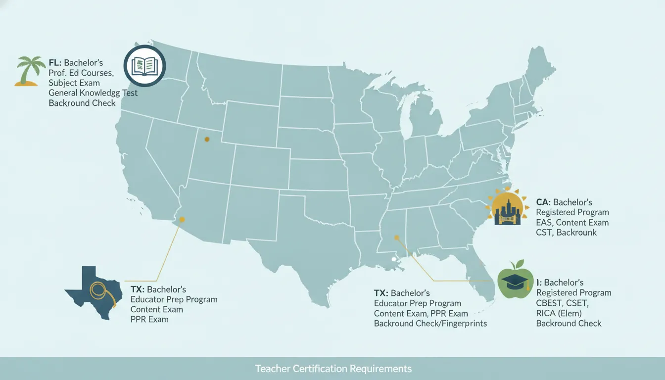 US map with state teacher certification requirements highlighted for Florida, Texas, California, New York, and other states accepting international educators