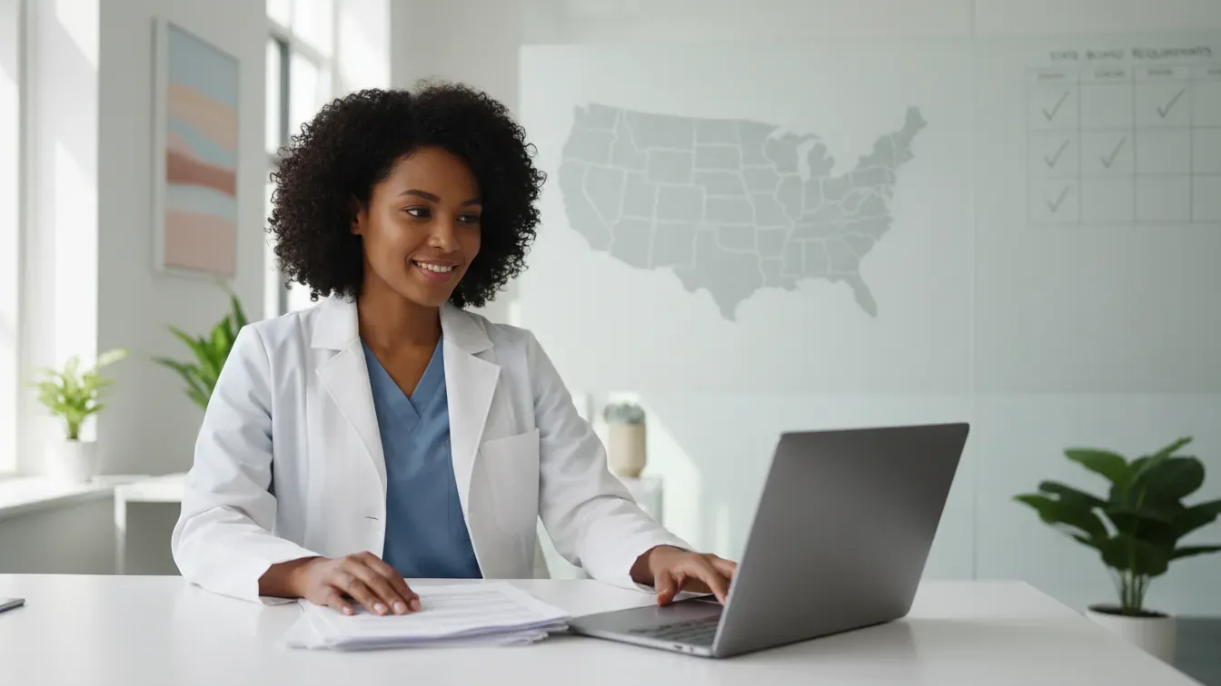 Internationally educated nurse reviewing nursing credential evaluation by board requirements
