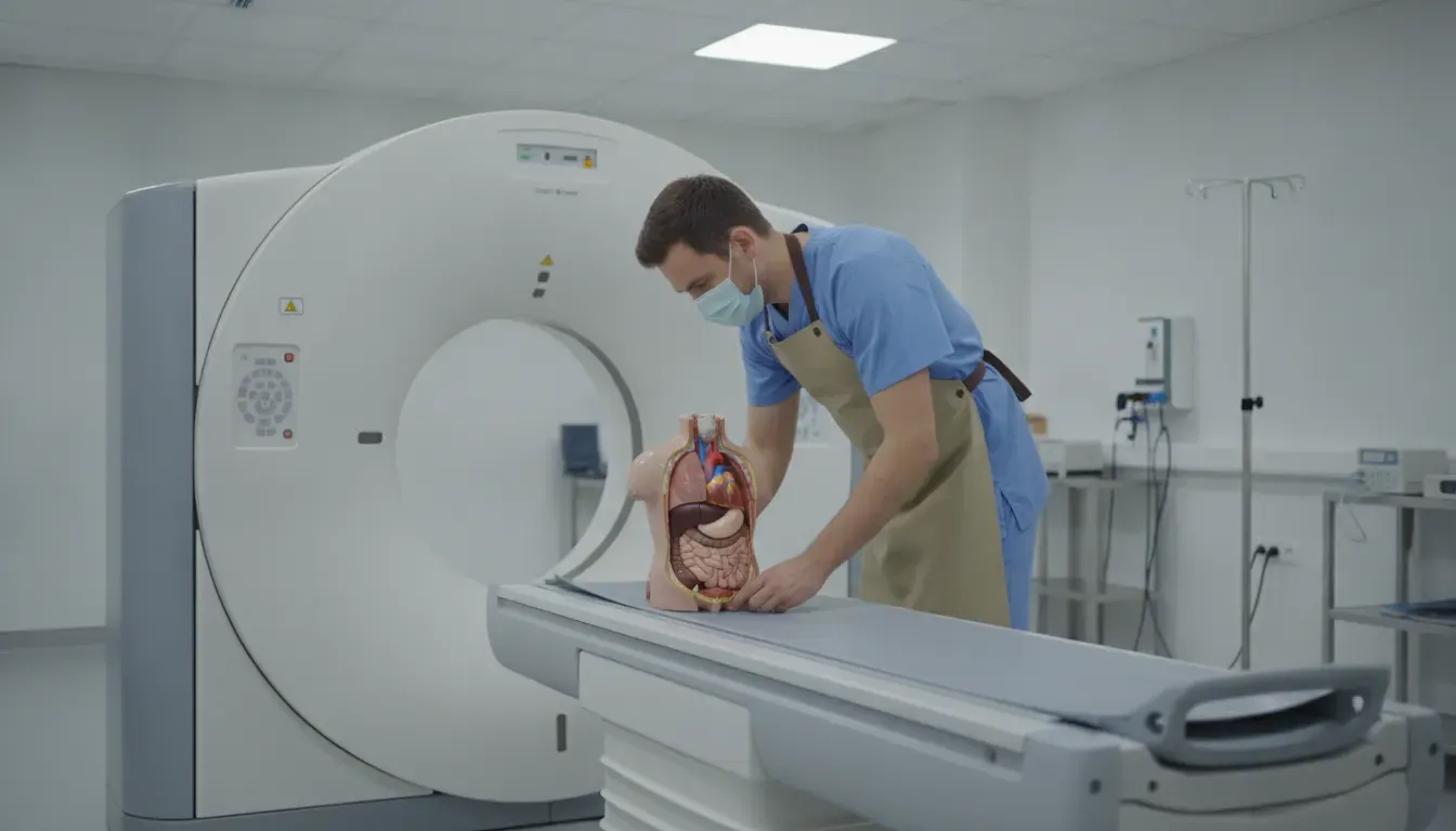 Medical physicist positioning a sectional anthropomorphic phantom for CT imaging