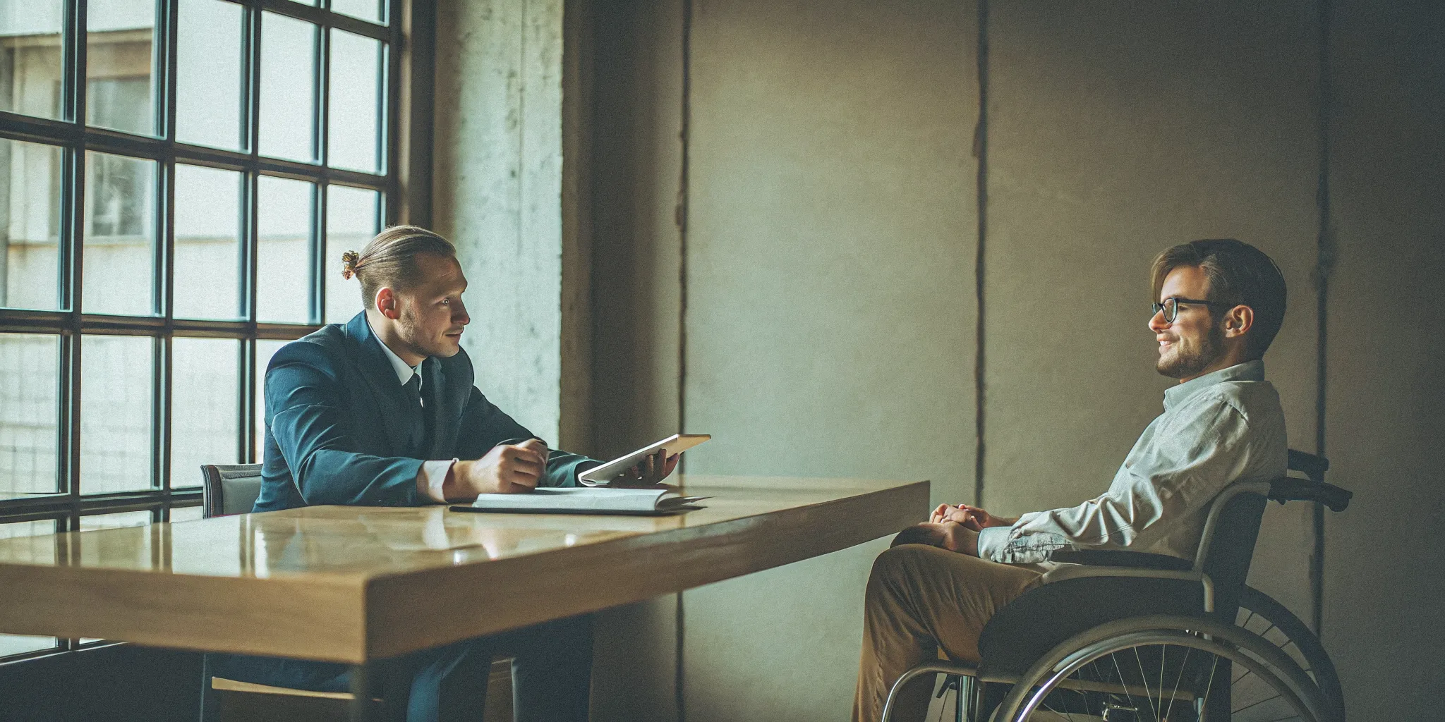 A man in a wheelchair talks to a lawyer about hiring him to appeal a disability decision.