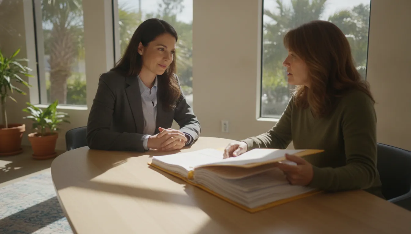 A compassionate attorney in a Fort Myers office reassuring a disability claimant with medical paperwork