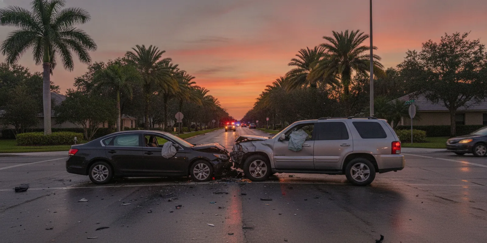 Damaged car at a Florida intersection after a nighttime crash