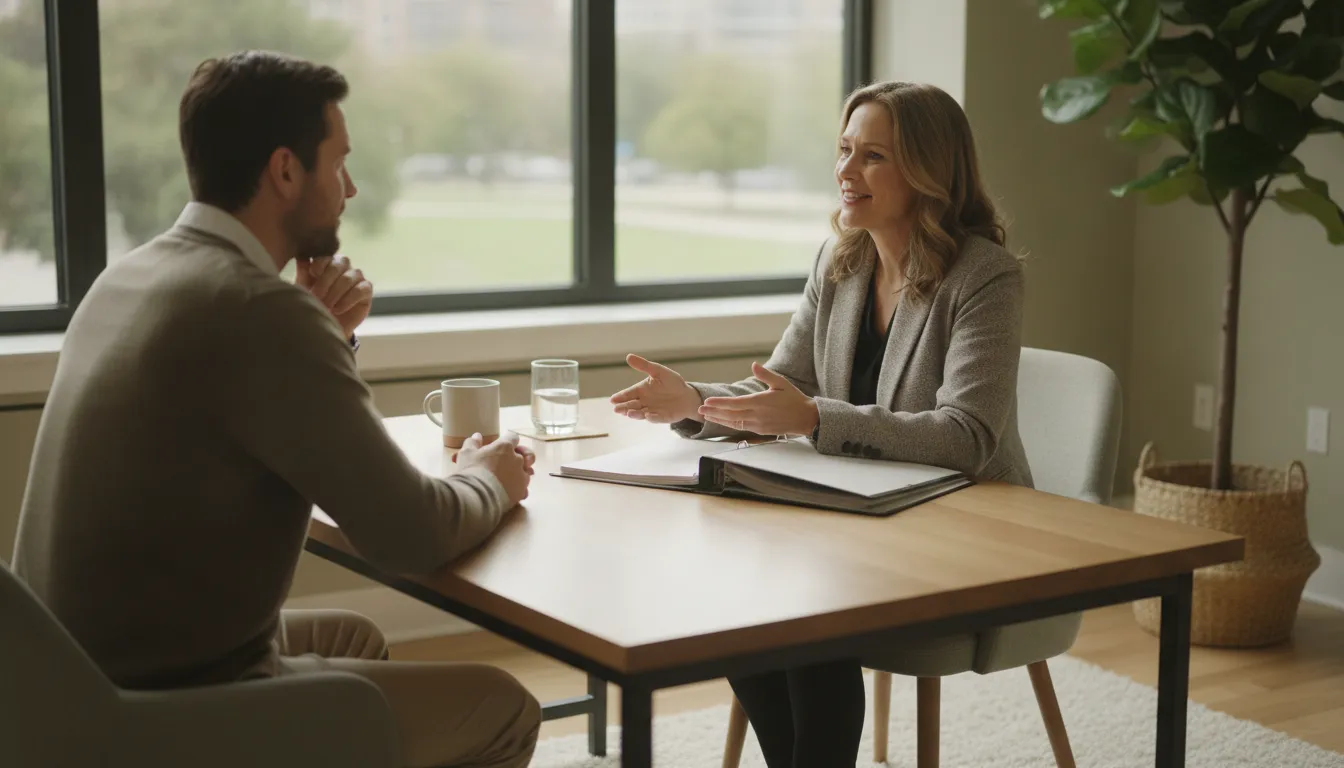 Disability attorney speaking with a claimant in a supportive law office