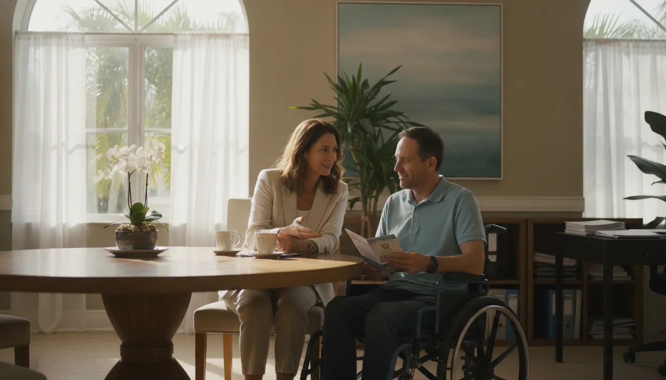 Legal advocate reassuring a disabled client during an SSI disability benefits discussion in a bright Florida office