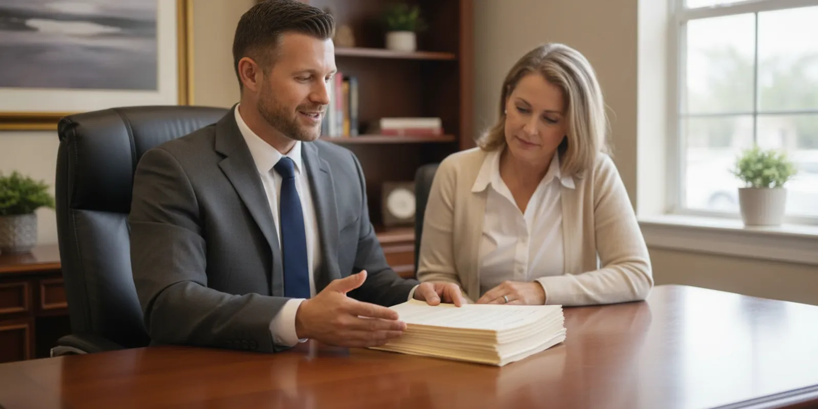 Attorney reviewing disability claim documents with a client at a desk