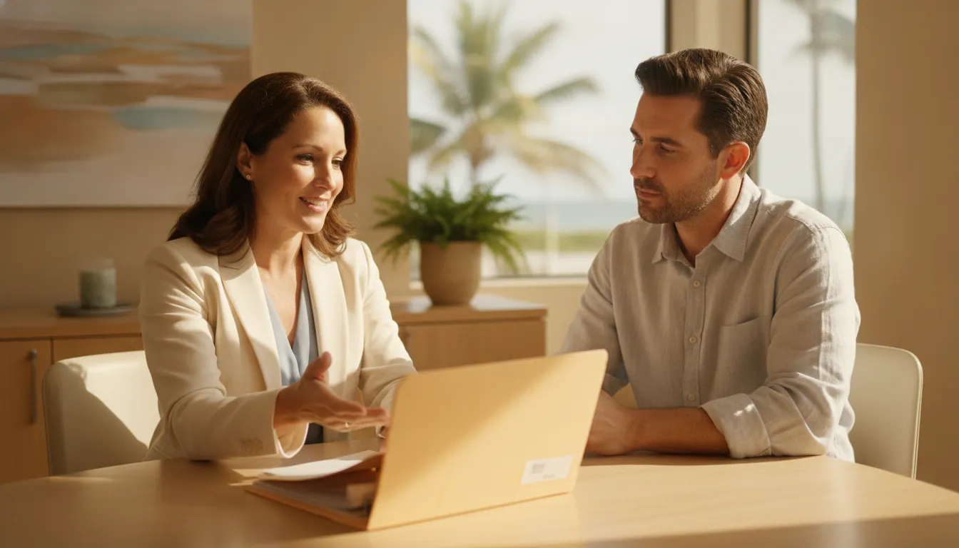 Attorney and disability claimant reviewing medical evidence in a Florida office