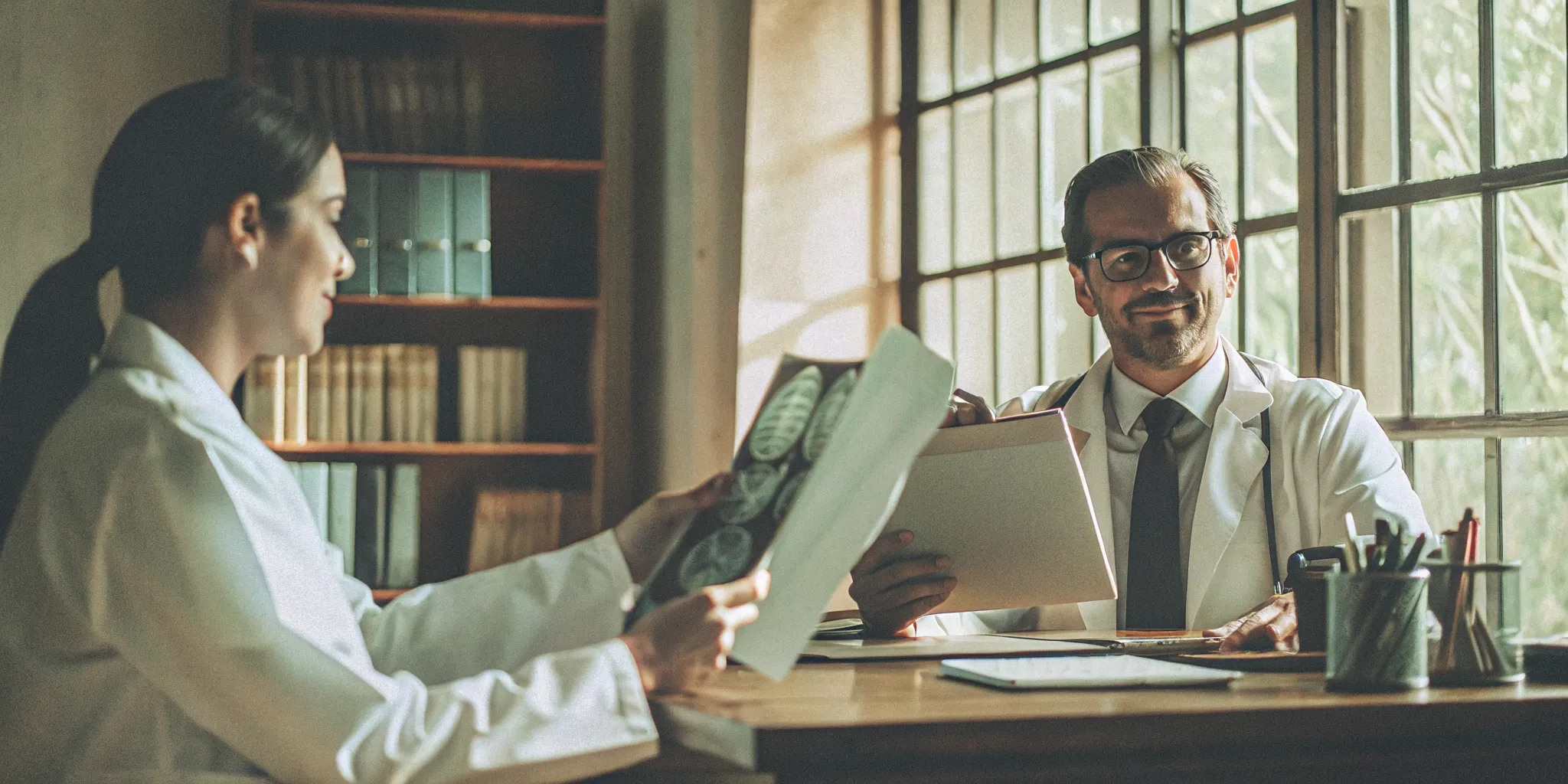 Attorney reviewing medical documents and charts at a desk in a Florida law office