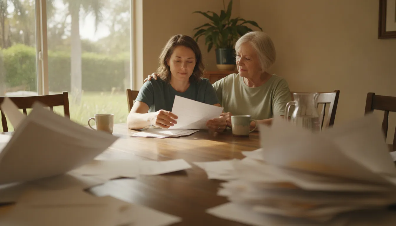 Claimant organizing medical records with family support