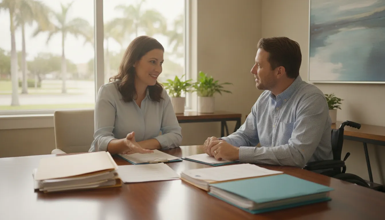 A compassionate attorney meets with a disability claimant in a Fort Myers office to review medical records