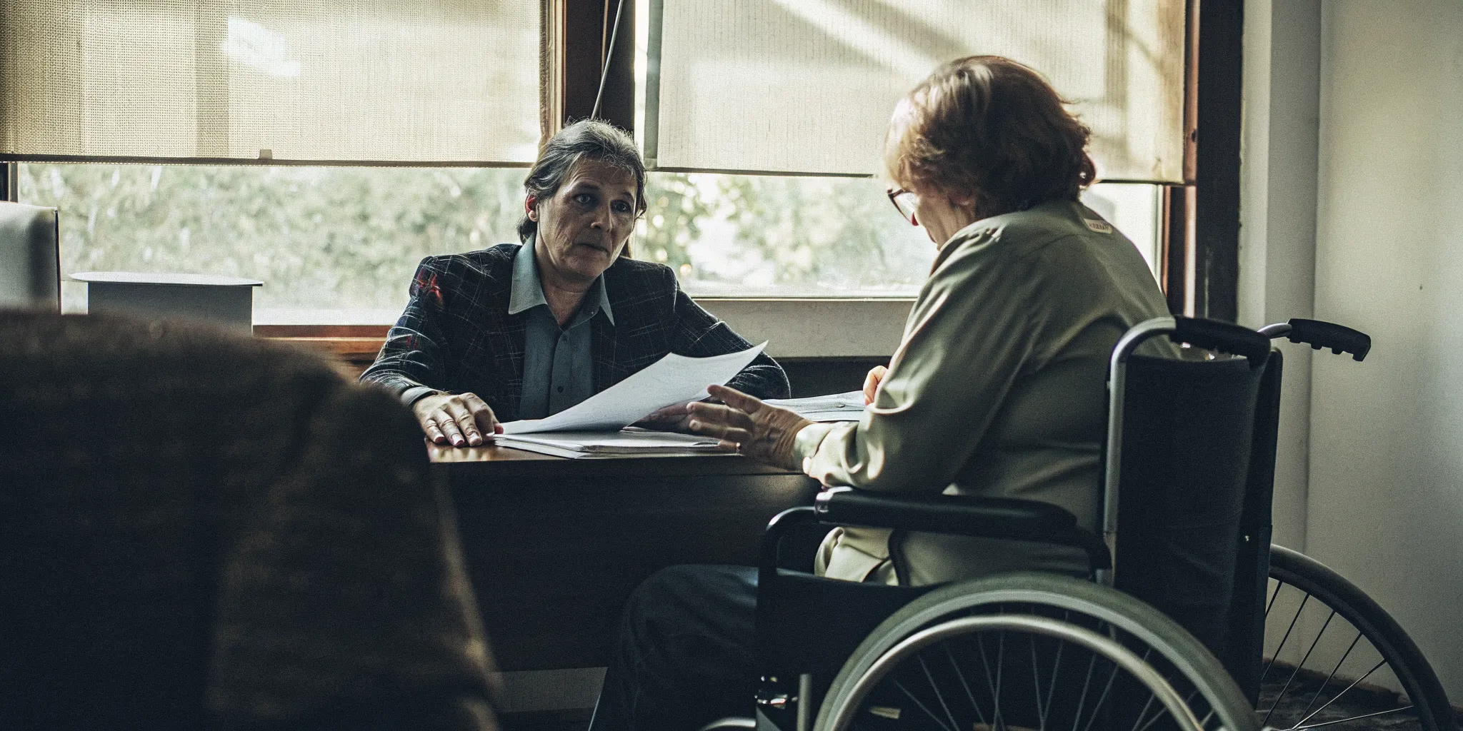 A Florida disability attorney reviewing insurance policy documents with a client in a bright law office