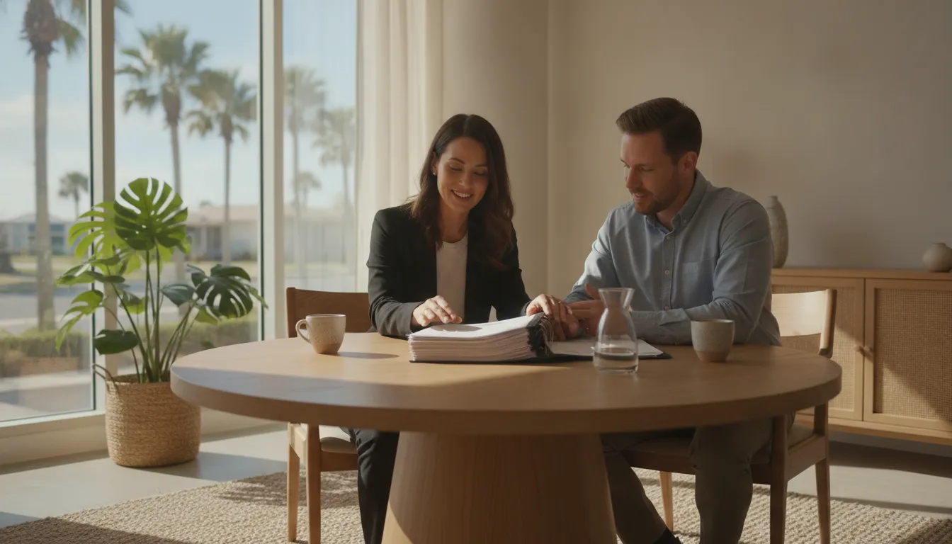 A Southwest Florida attorney and client review paperwork together in a sunlit office near a window