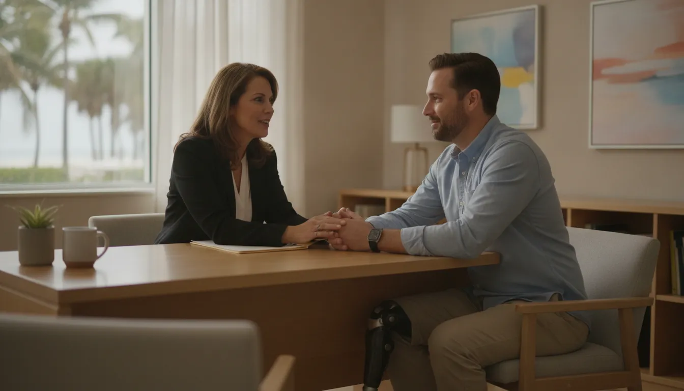 Attorney explaining disability benefits to a claimant in a Florida office