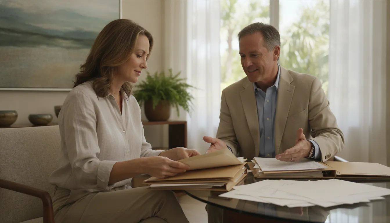 Claimant organizing disability insurance and tax records with an attorney