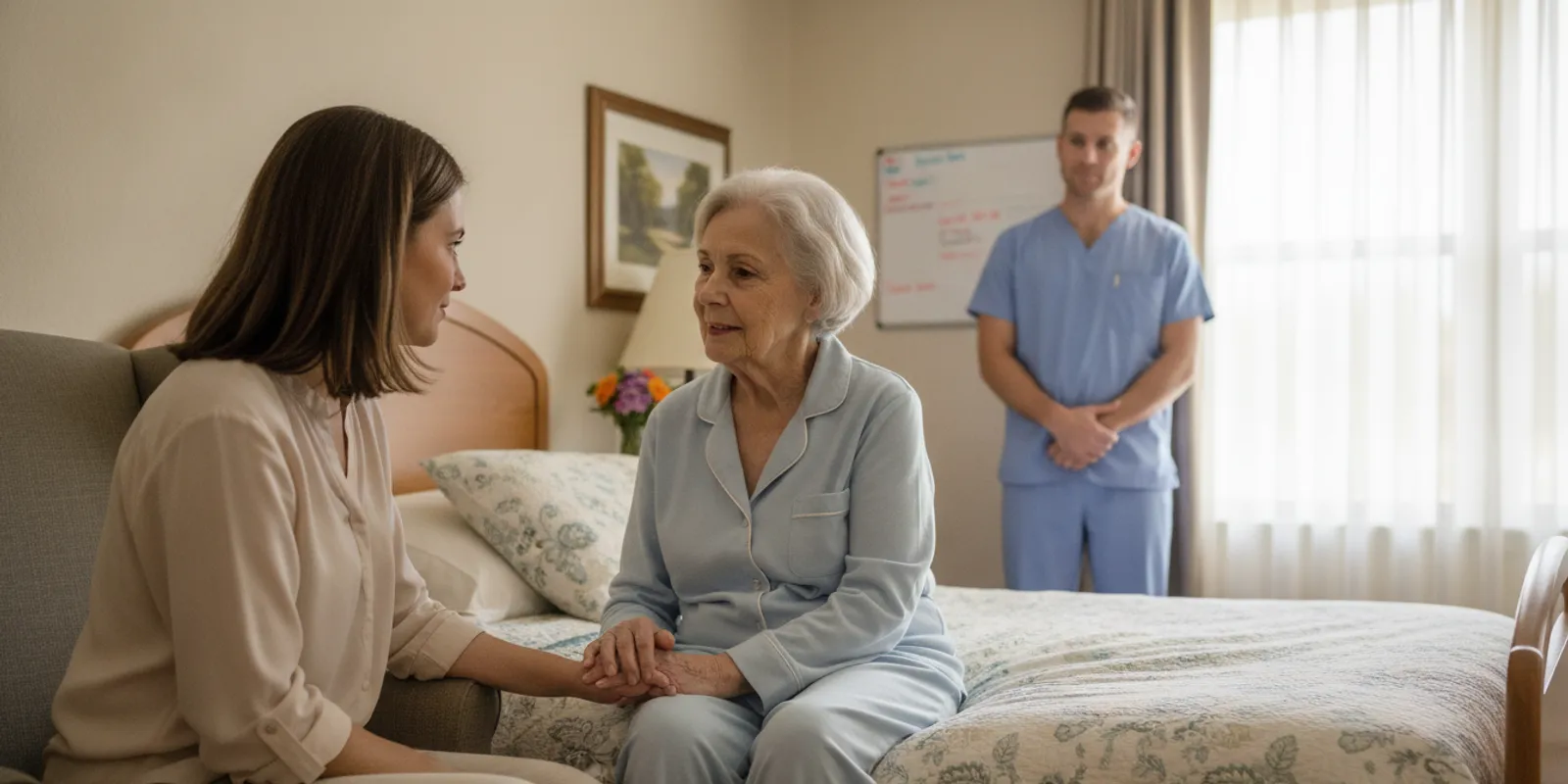 Family member speaking with an older resident in a bright nursing home room