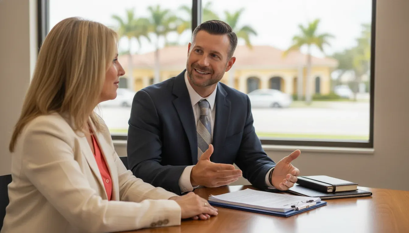 Attorney and pedestrian accident client discussing recovery steps in a Florida law office