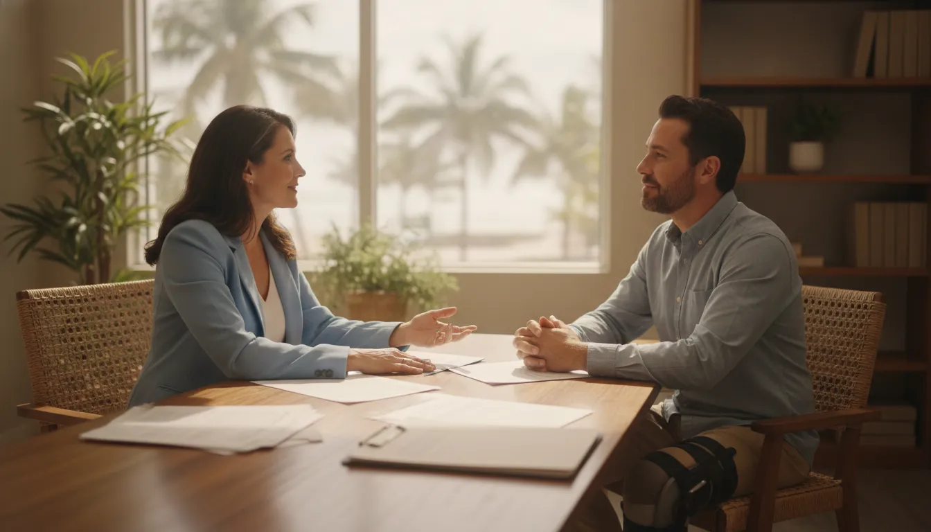 Social security disability attorney speaking with a claimant in a Florida office