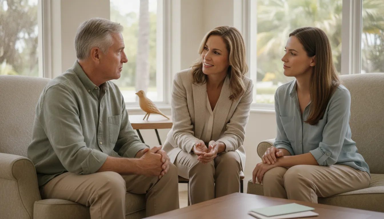 Benefits advisor discussing disability benefits with an older adult and family member in a Florida office