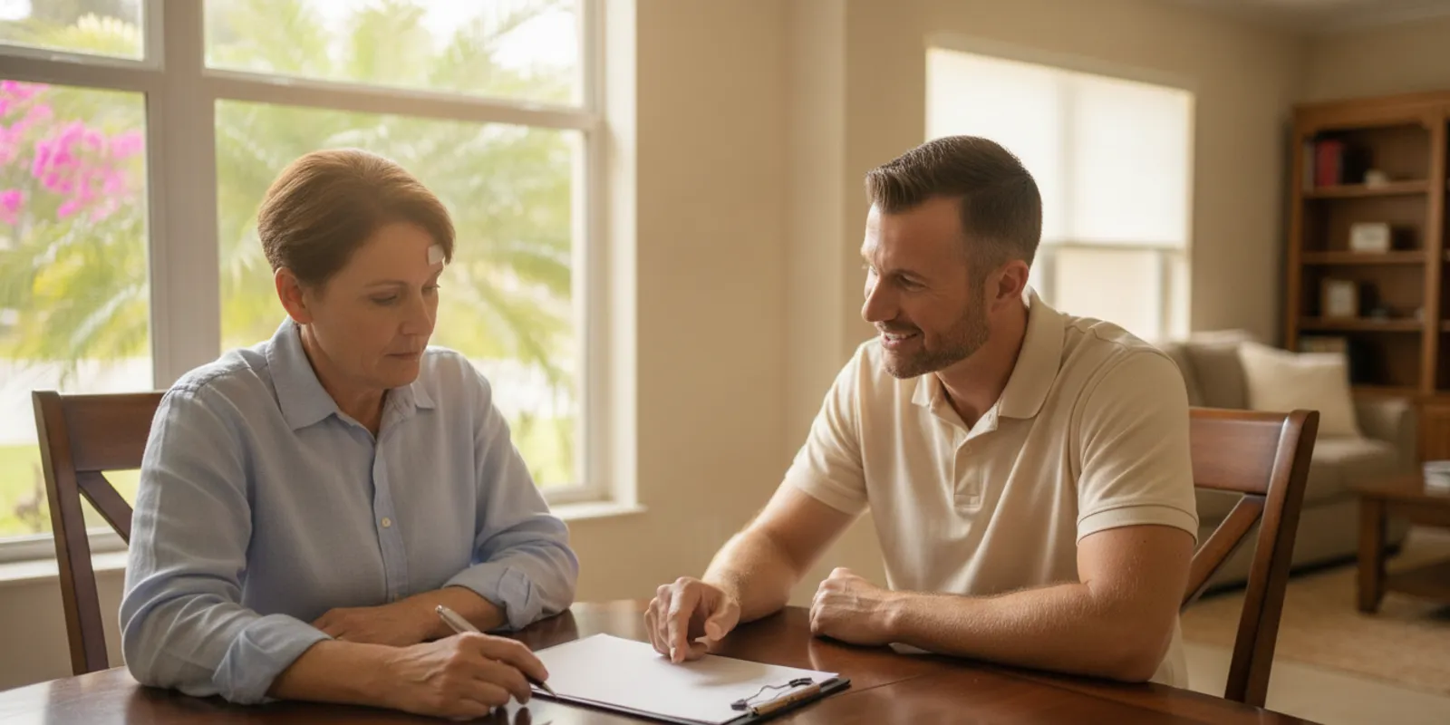 A person recovering from a head injury discusses medical records with a family member at home