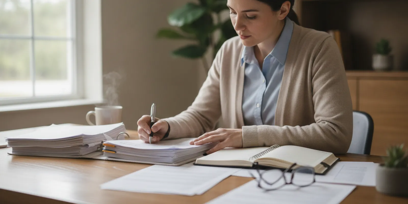 Person reviewing a Social Security disability denial letter and medical records at a desk