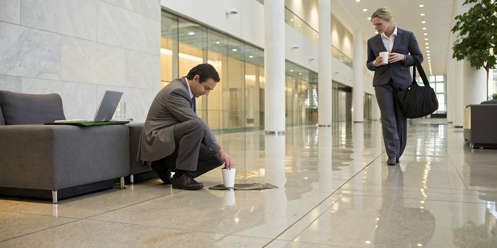 Man picking up a spilled coffee cup after a slip and fall accident in an office lobby.