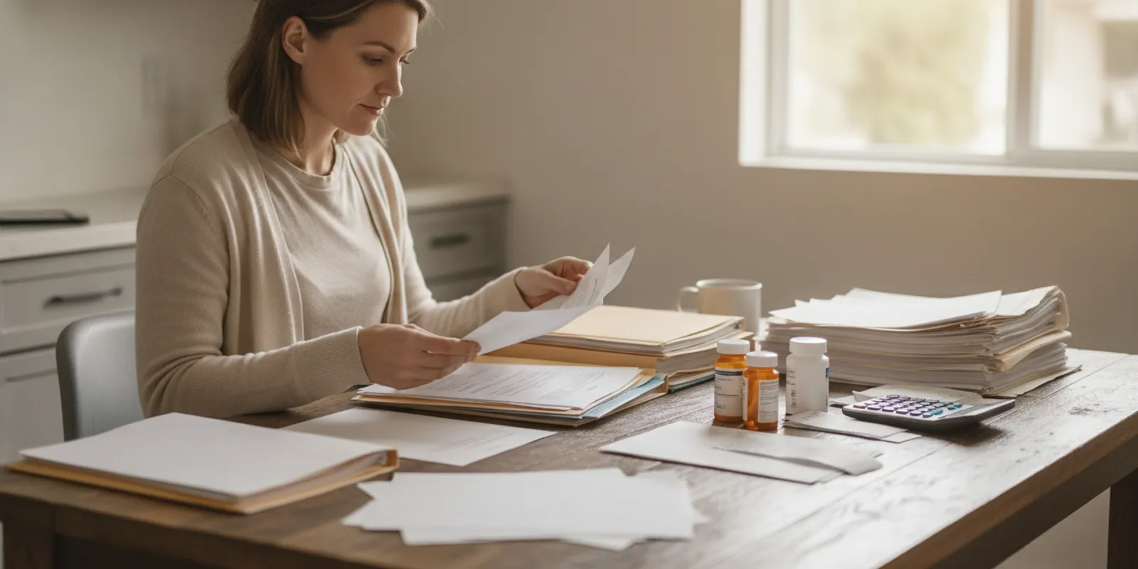A woman organizing paperwork at a home table before applying for SSI benefits