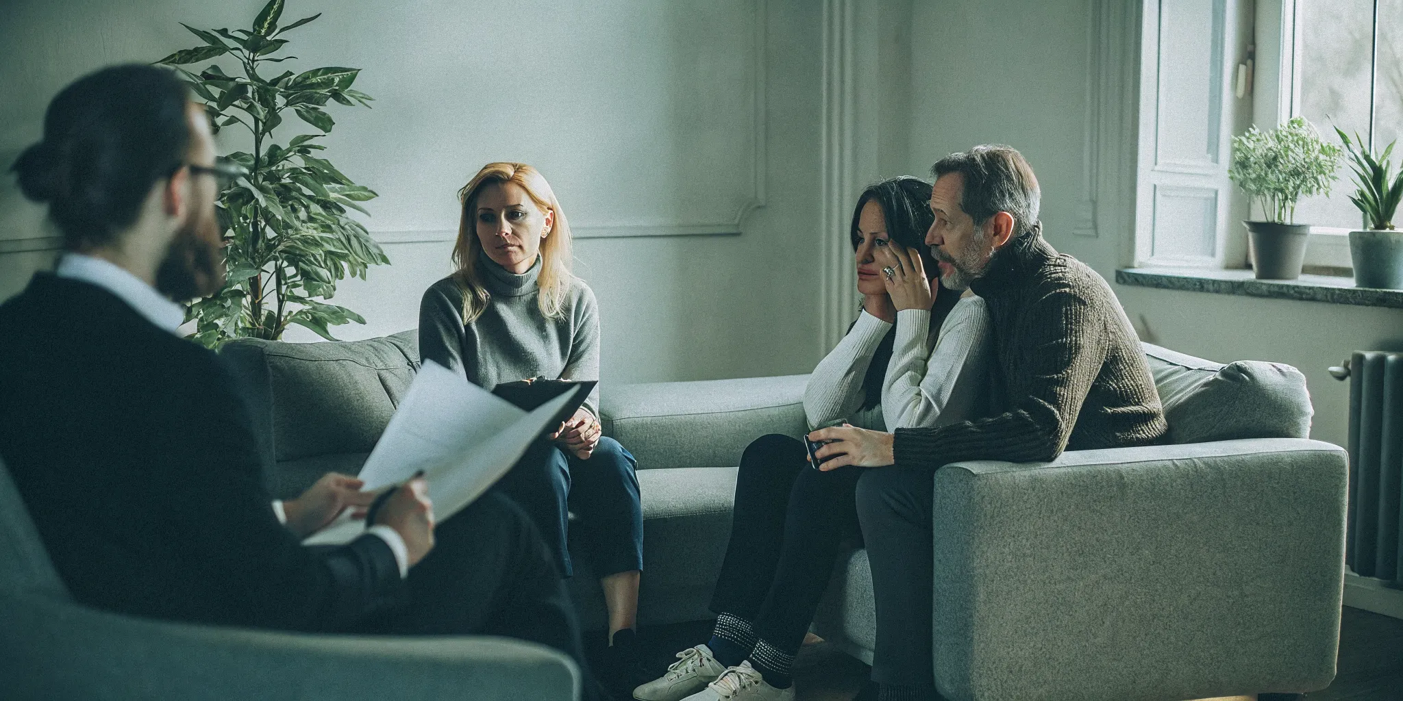 Compassionate attorney speaking with a grieving family in a warm Florida law office