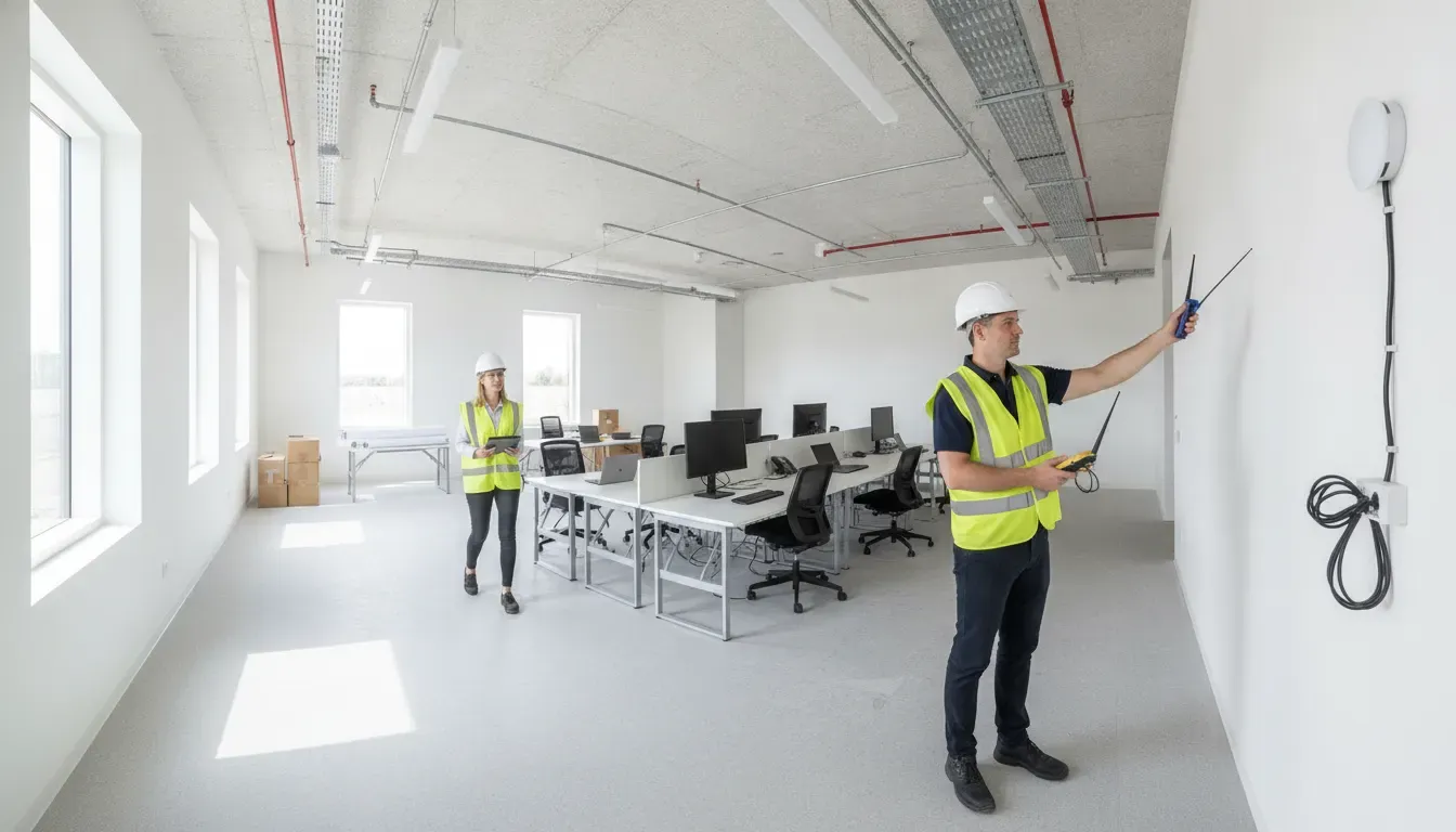 Technician performing a wireless site survey in a construction field office