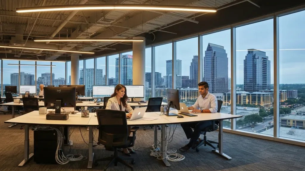 Commercial real estate professionals working in a modern Austin office with IT infrastructure