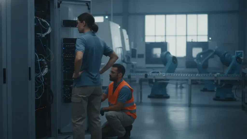 IT technician and manufacturing staff observing an application recovery test