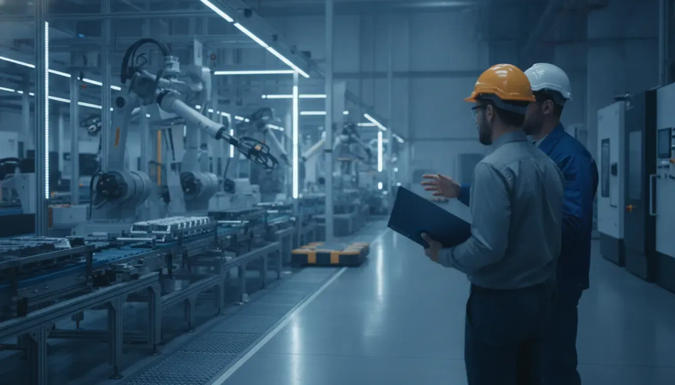 Manufacturing engineer and IT professional reviewing secure data handling near a production line