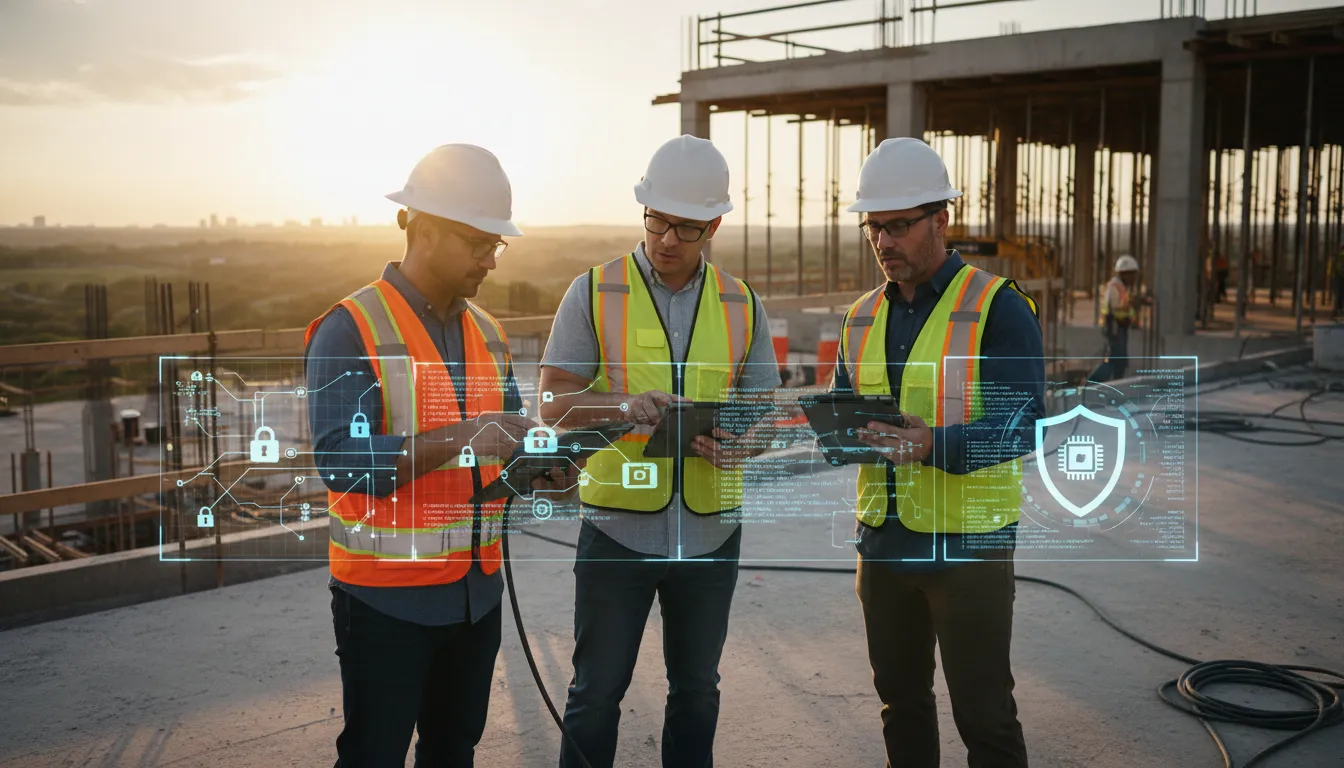 Central Texas construction managers reviewing secure project plans on jobsite tablets