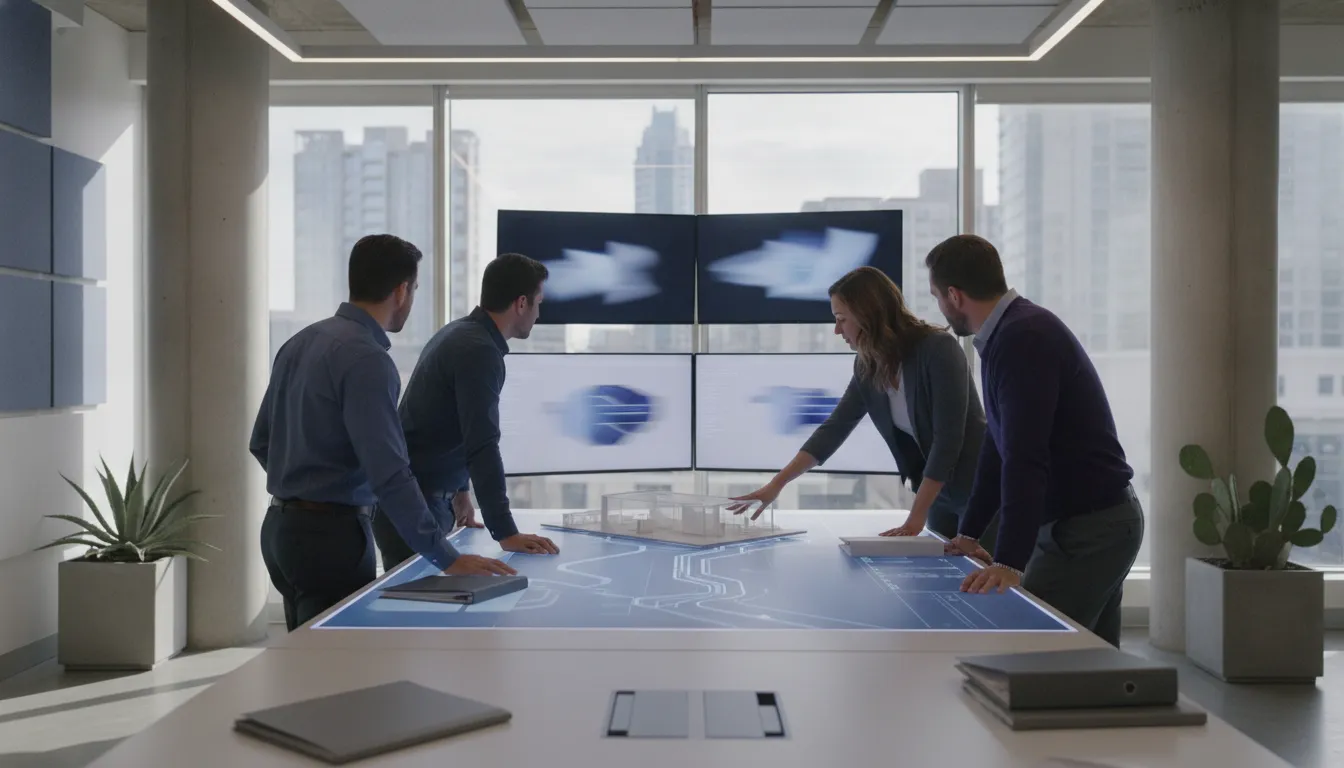 Engineering team reviewing secure project files in a professional office