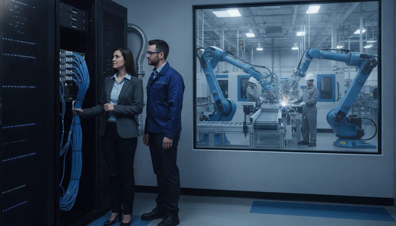 IT professionals reviewing a business recovery environment for a manufacturing operation