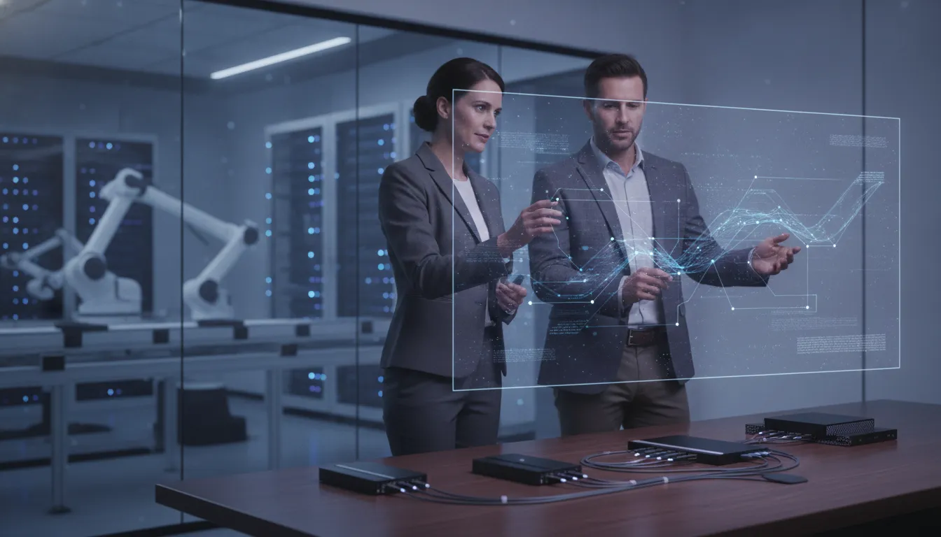Security professional reviewing network protection controls with a business operations team