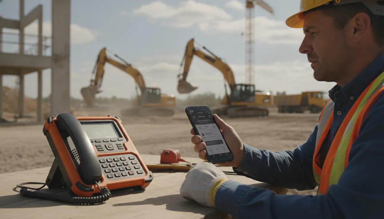 Rugged VoIP desk phone and construction worker using mobile VoIP app on smartphone at a busy Texas job site