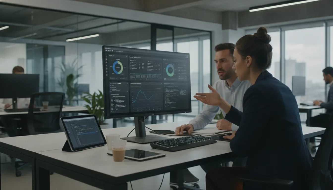 Two IT professionals collaborating on a server dashboard in a modern office